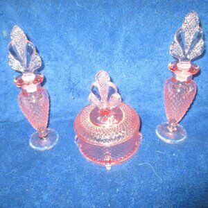 VTG Martinsville Perfume BOTTLES Art Deco Pink Stopper & Talc Powder Box 1940'S